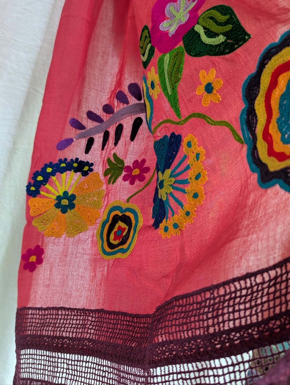Colorful Embroidered Semi Sheer Scarf Crochet Fringe 19x76 Boho Gypsy - Picture 9 of 10